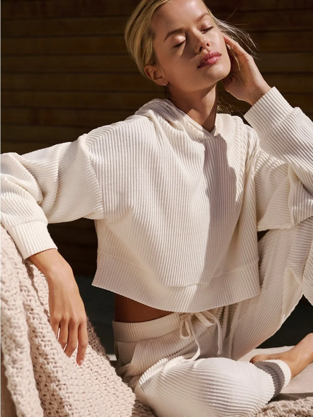 ALO Yoga Muse Hoodie Sweater in Ivory, Ribbed + Cropped Style